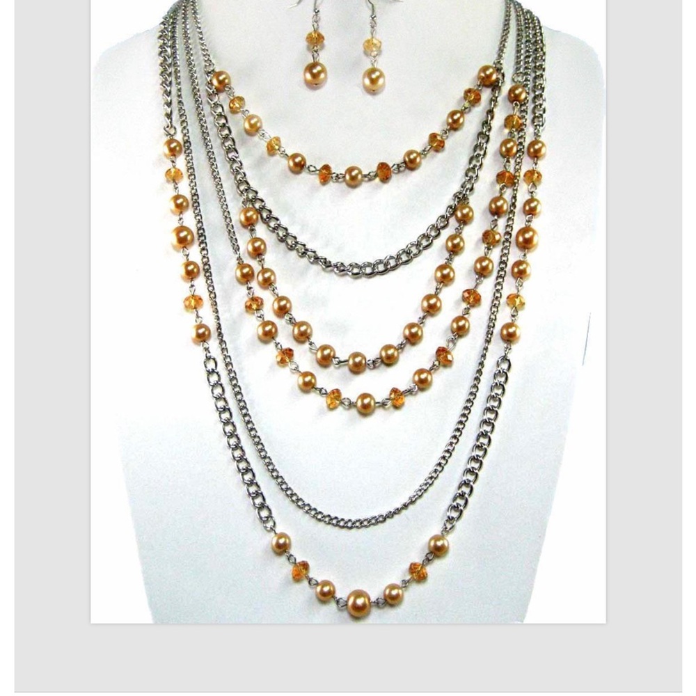 Long Gold Pearl Necklace Earrings Crystal Silver Multi Chain Layered Jewelry Set
